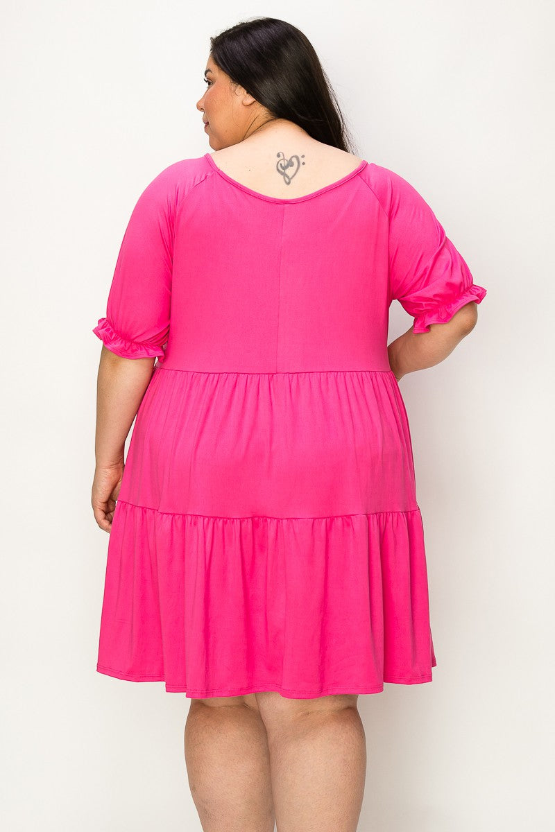 The Joanne Babydoll Midi Dress - Hot Pink (1X-5X)