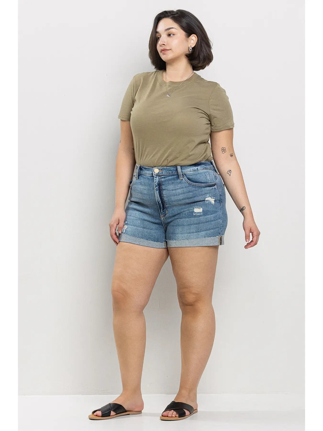 High Rise Denim Shorts W/ Roll Hem (Plus)