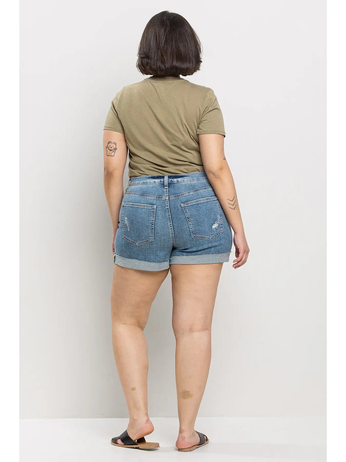 High Rise Denim Shorts W/ Roll Hem (Plus)