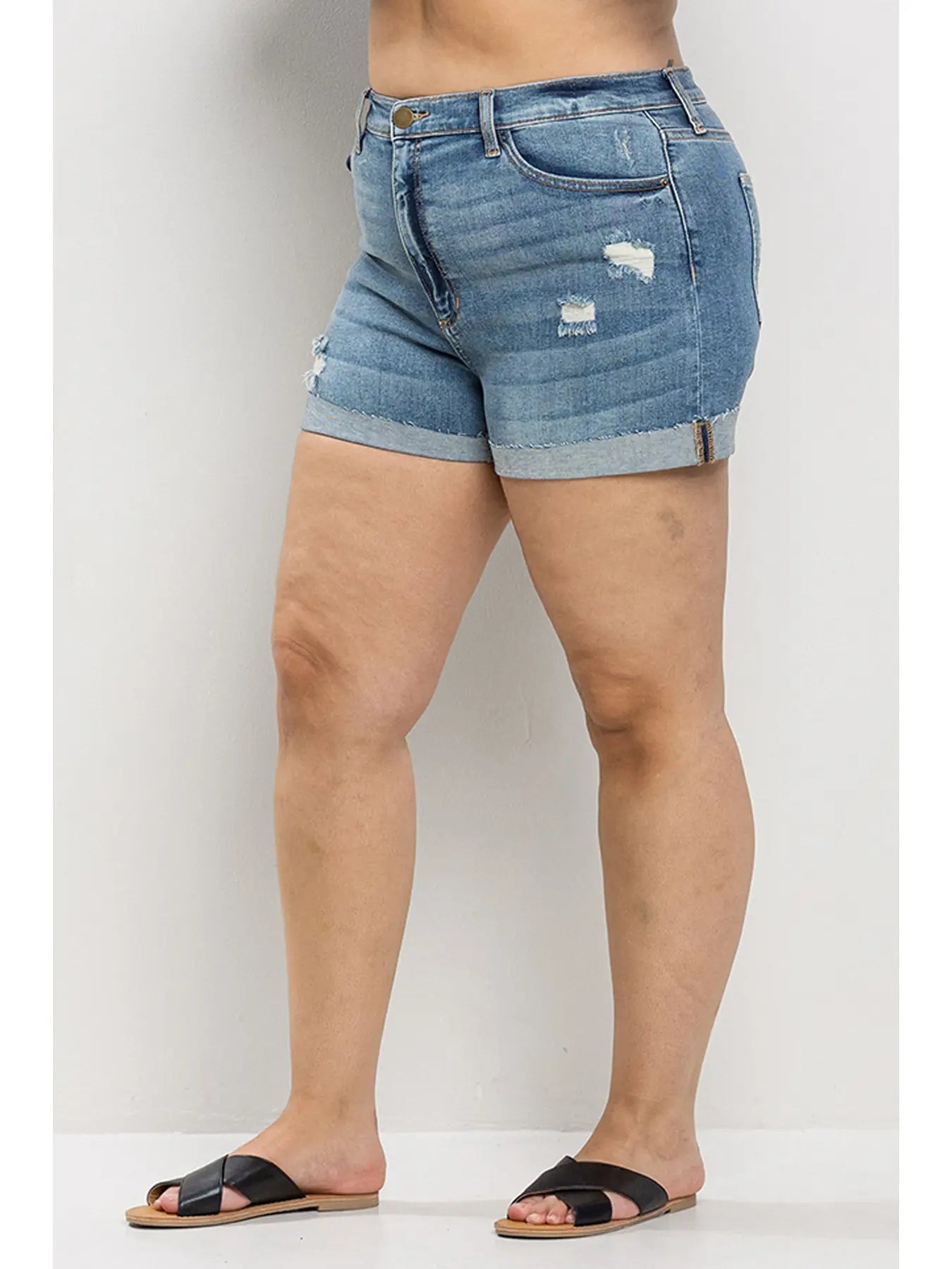 High Rise Denim Shorts W/ Roll Hem (Plus)