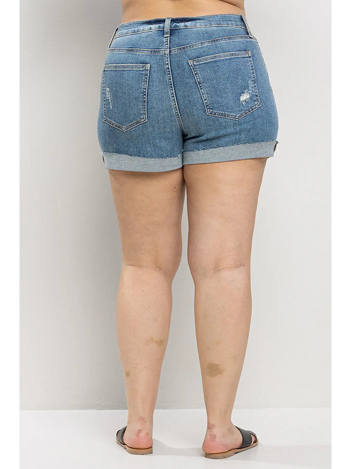 High Rise Denim Shorts W/ Roll Hem (Plus)