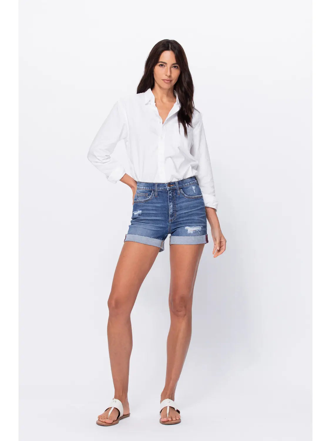 High Rise Denim Shorts With Raw Cuff (Small-Large)