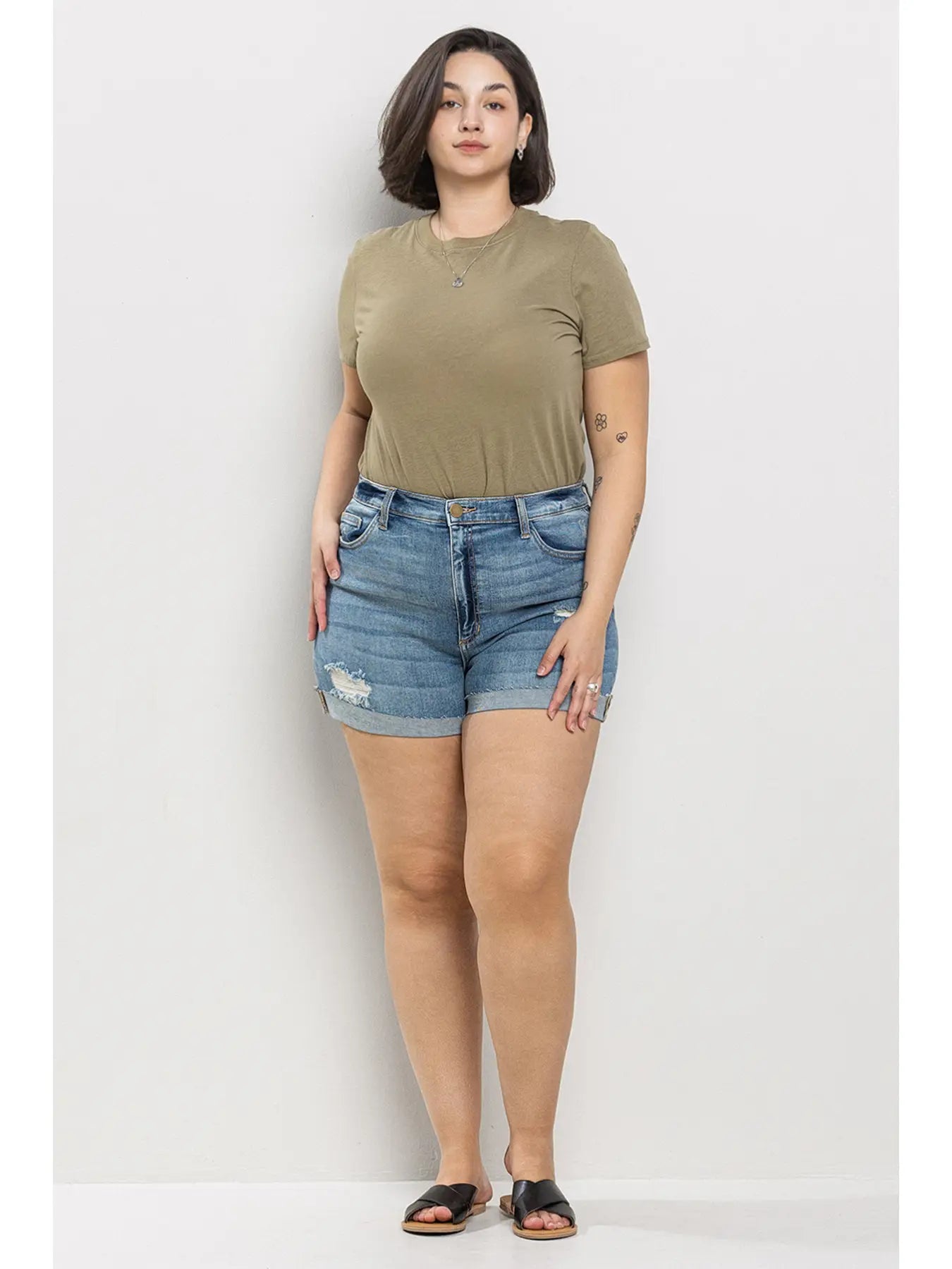 High Rise Denim Shorts W/ Roll Hem (Plus)