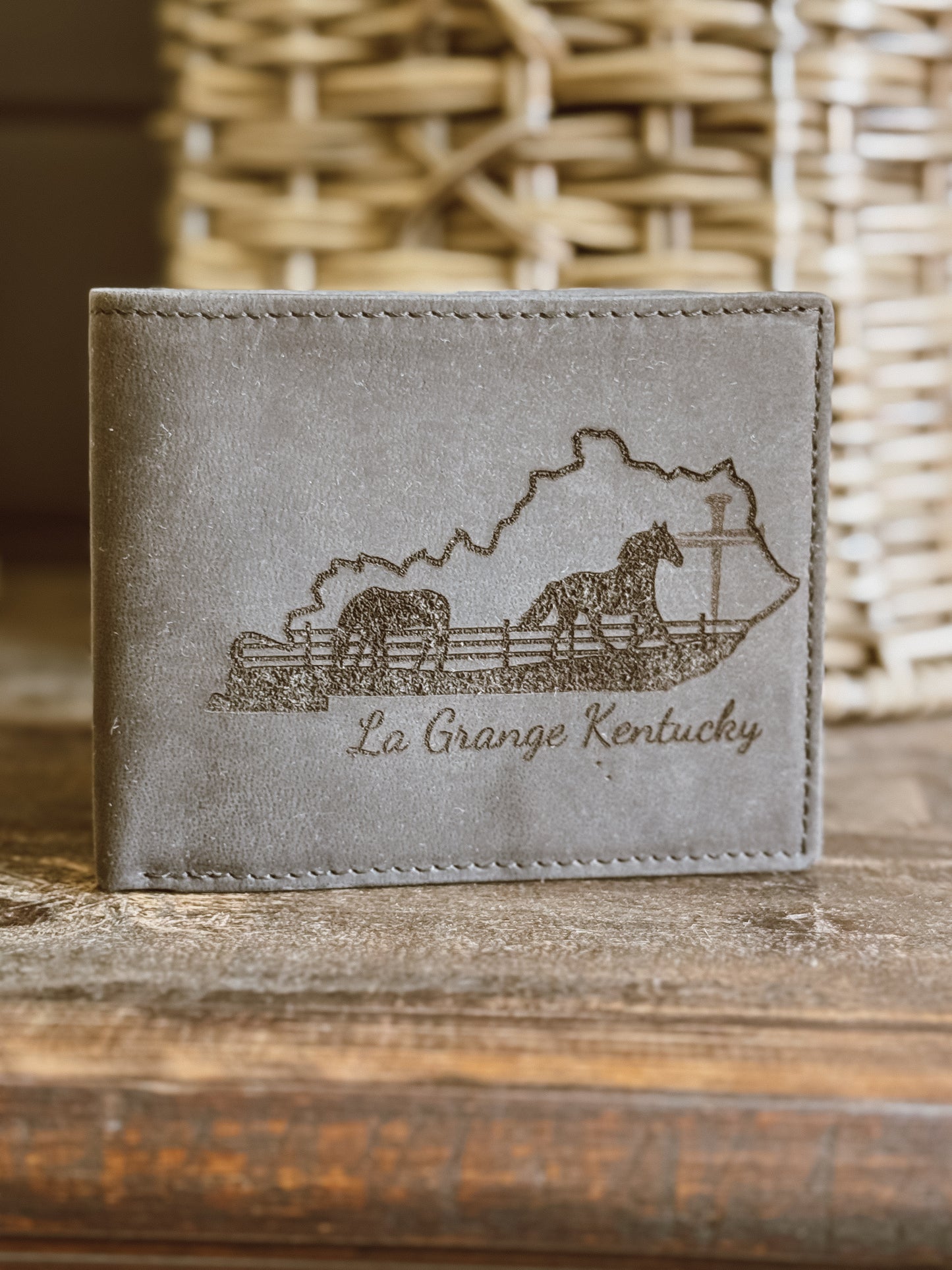 Black Leather Walnut W/Horses and cross "La Grange Kentucky"