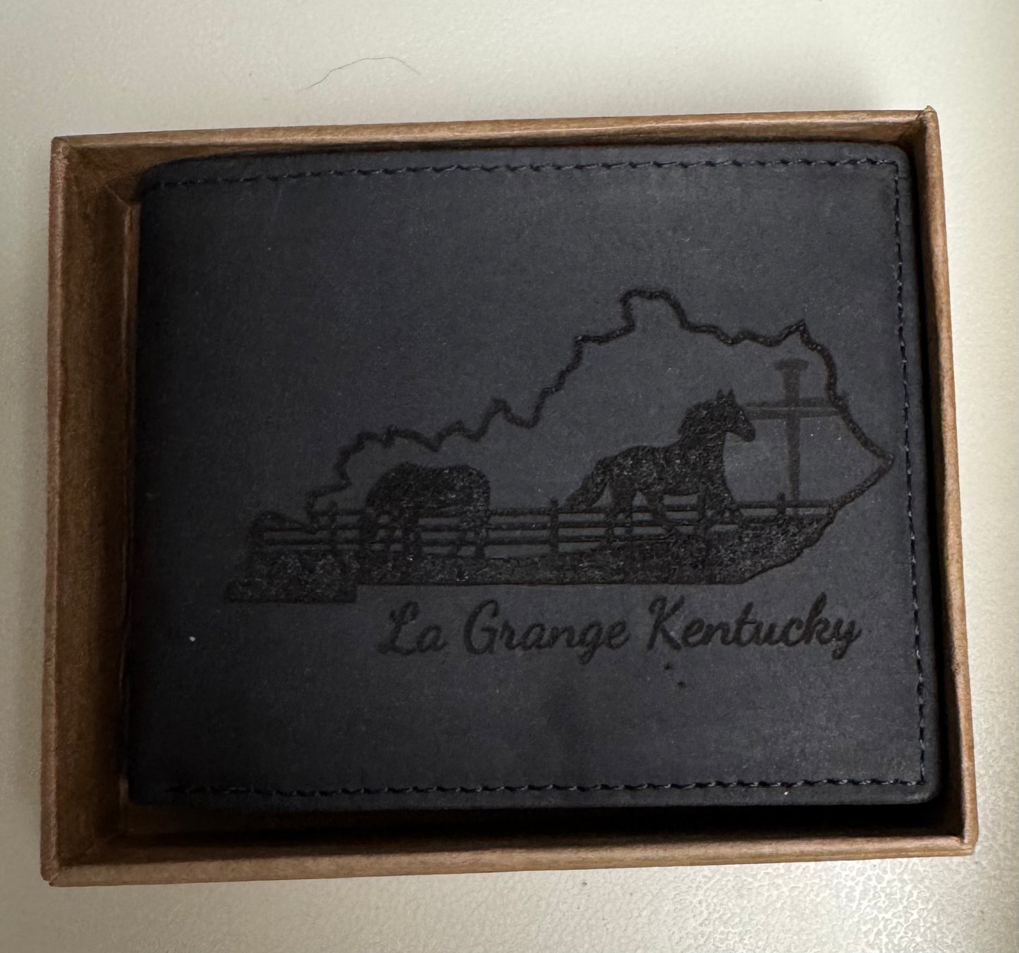 Black Leather Walnut W/Horses and cross "La Grange Kentucky"