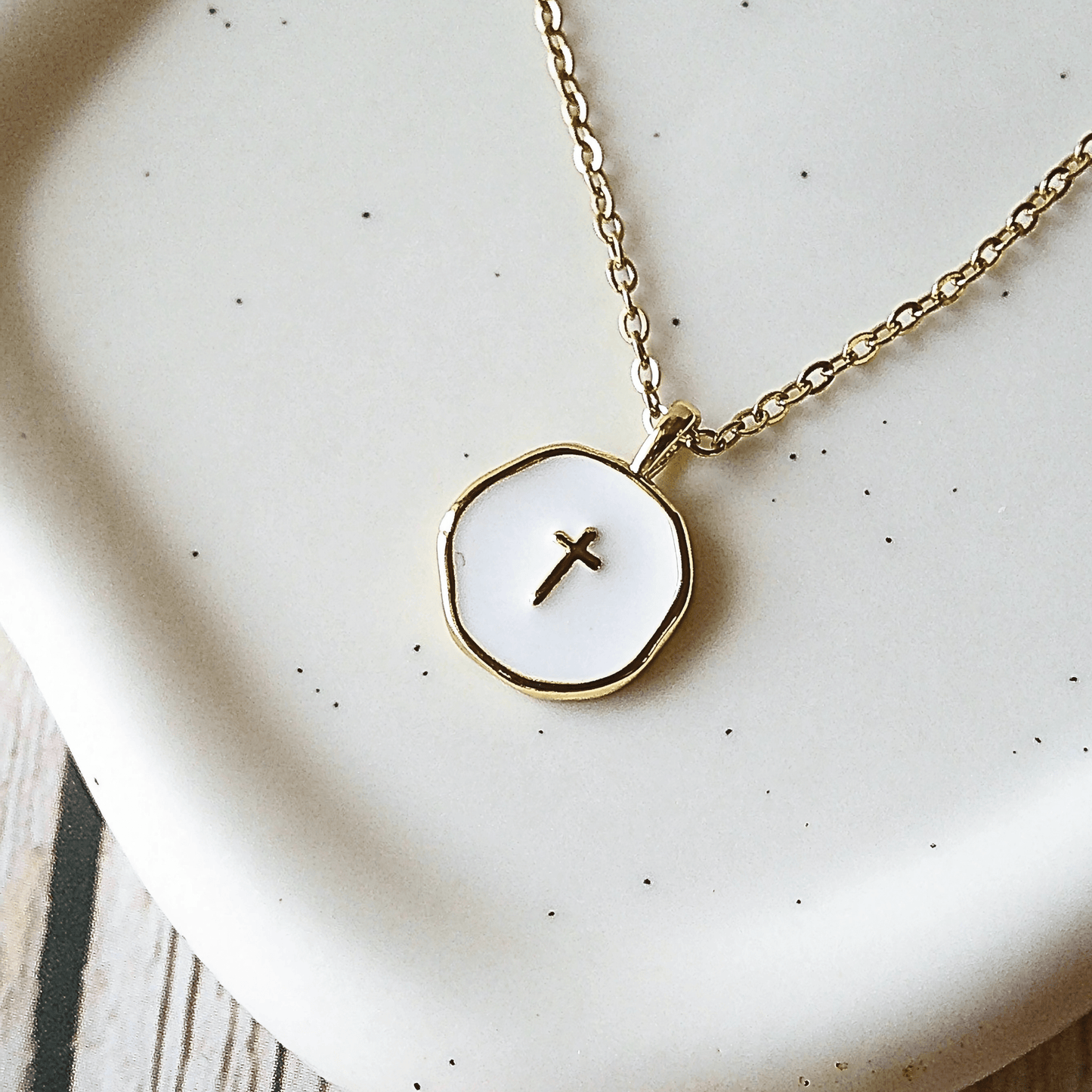 Gold and White Cross Charm Necklace