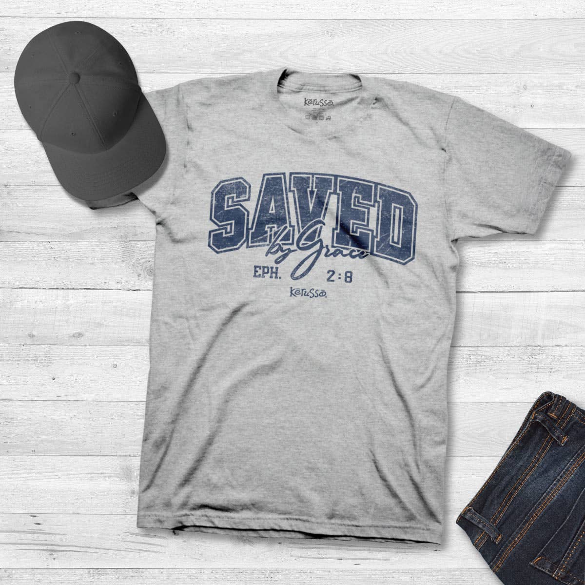 Kerusso Christian T-Shirt Saved By Grace: Ash
