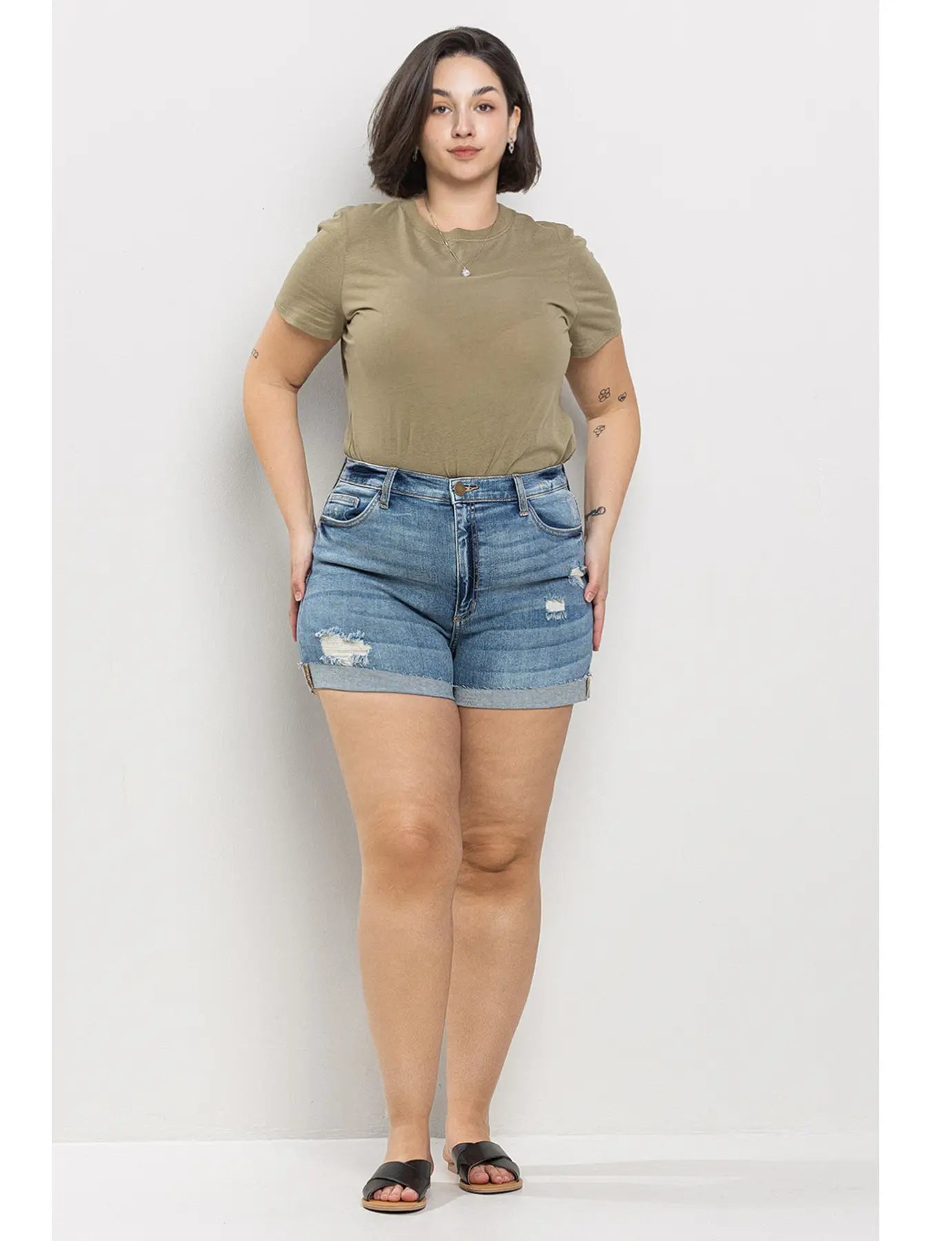 High Rise Denim Shorts W/ Roll Hem (Plus)