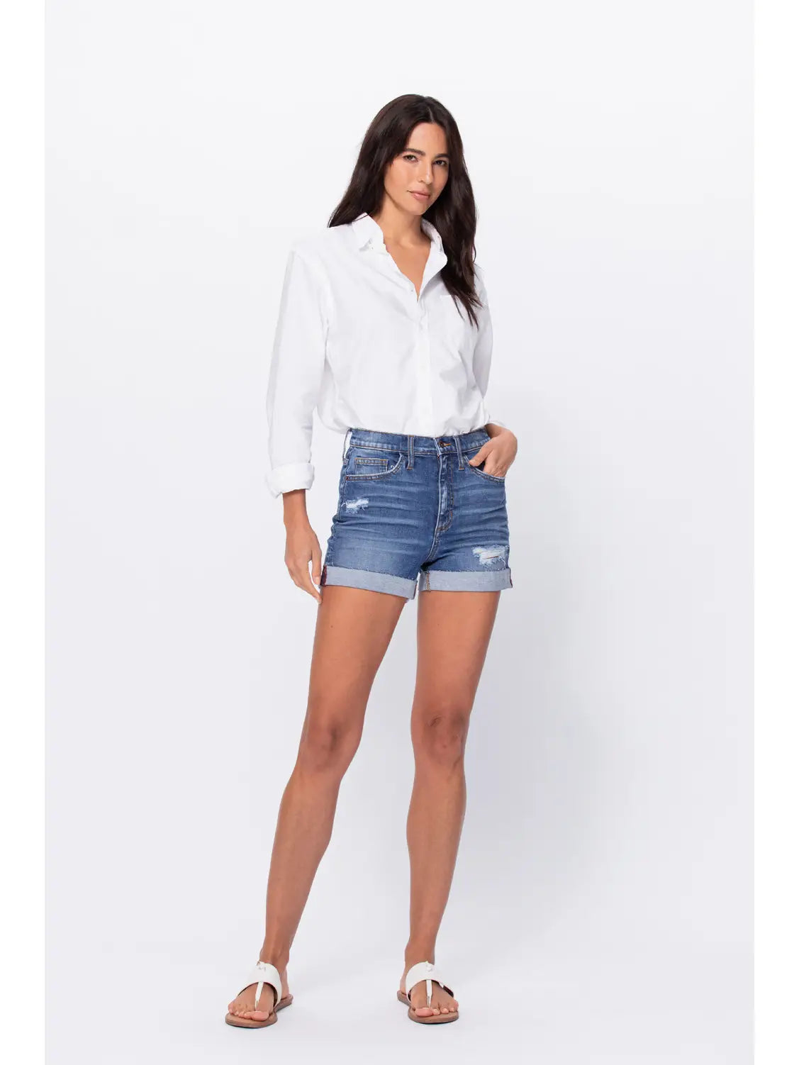 High Rise Denim Shorts With Raw Cuff (Small-Large)