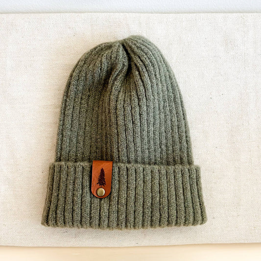 Beanie with Leather Tag | Evergreen Tree: Green