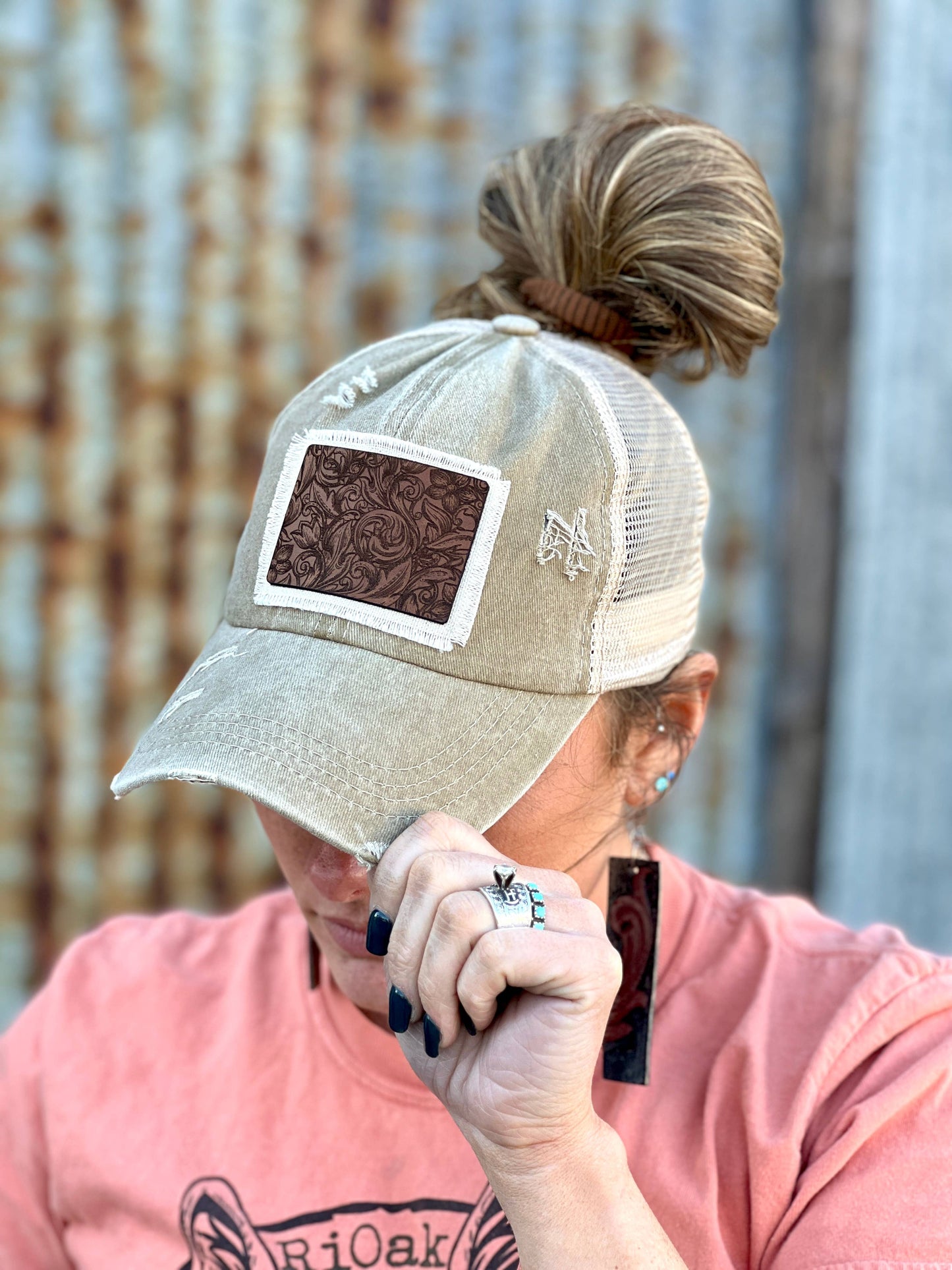 Tooled Leather Khaki Baseball Cap