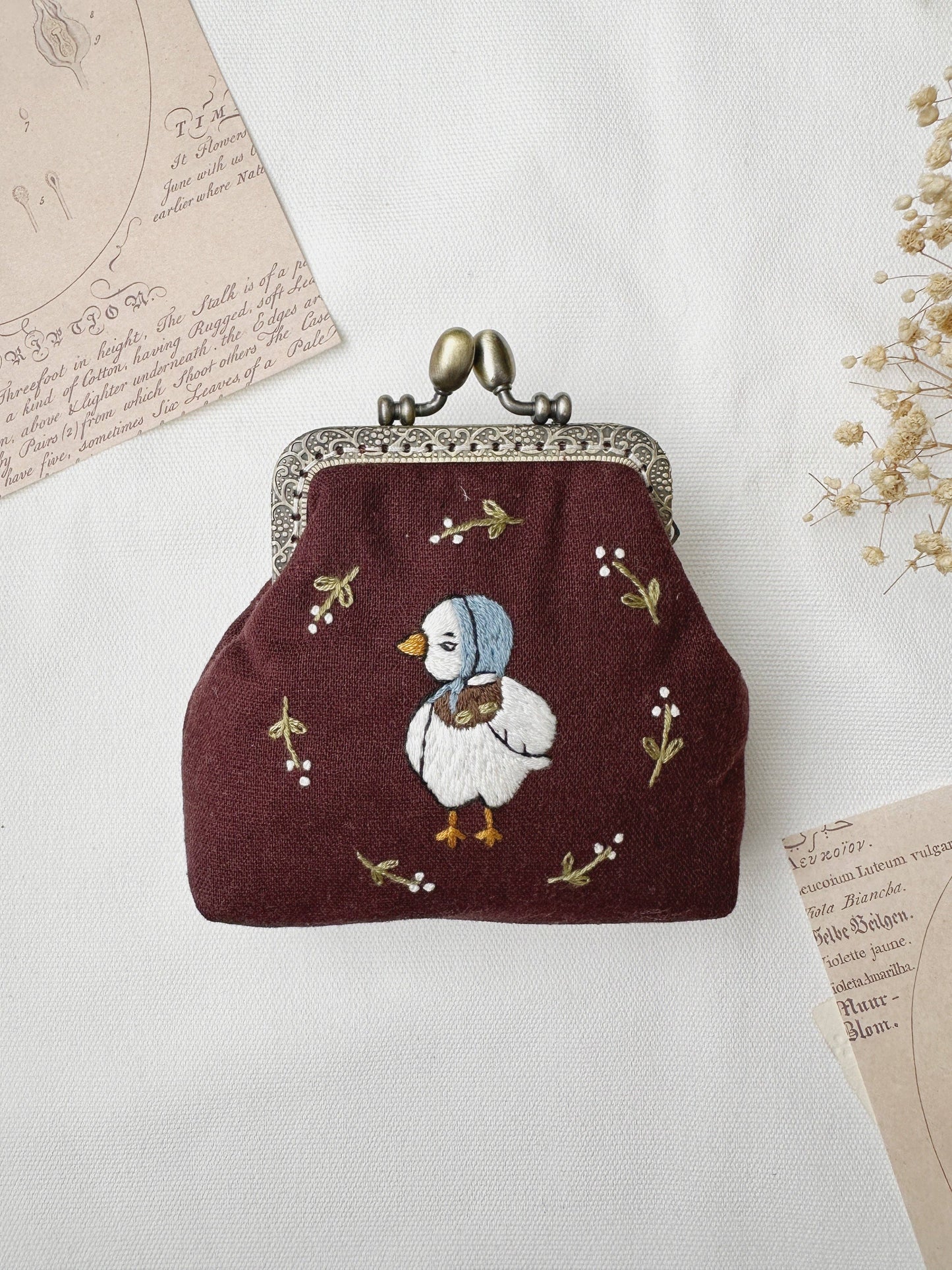 Duck Embroidered Brown Coin Purse