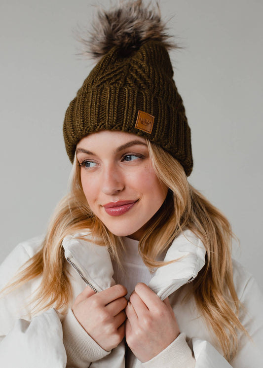 Olive Decorative Cable Knit Pom Hat