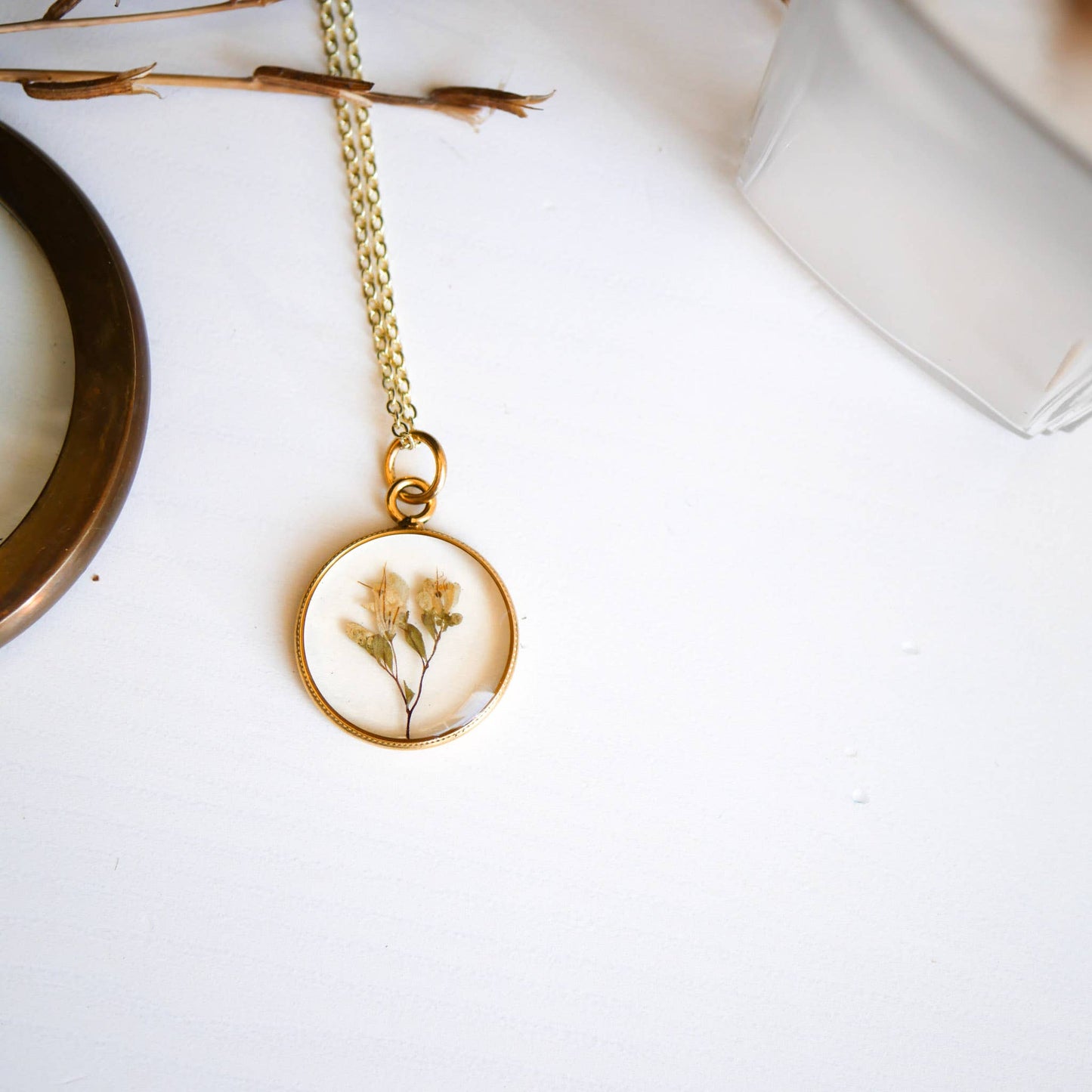 Tiny Dried Bouquet Pendant: 30" gold plain chain