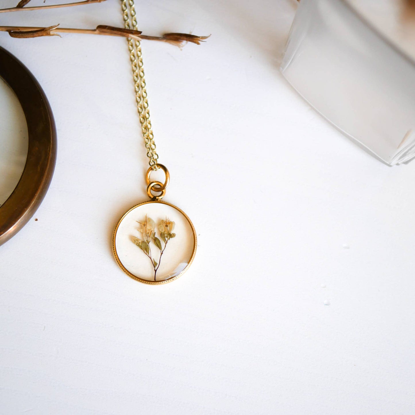Tiny Dried Bouquet Pendant: 26" gold plain chain