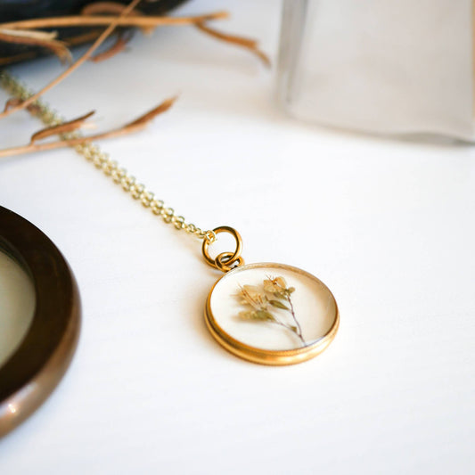 Tiny Dried Bouquet Pendant: 30" gold plain chain