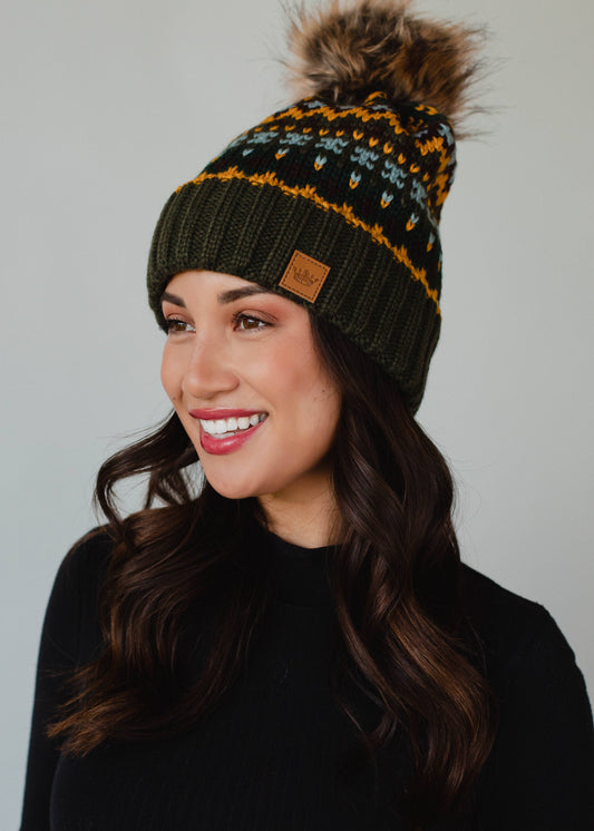 Olive & Multicolored Patterned Pom Hat