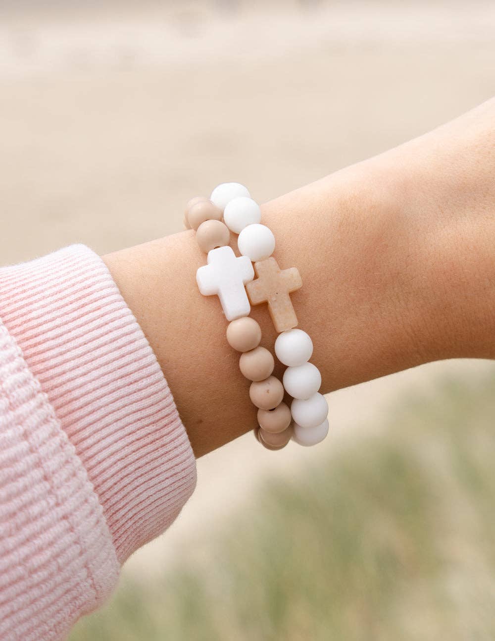 Zion Bracelets: Large / White & Beige