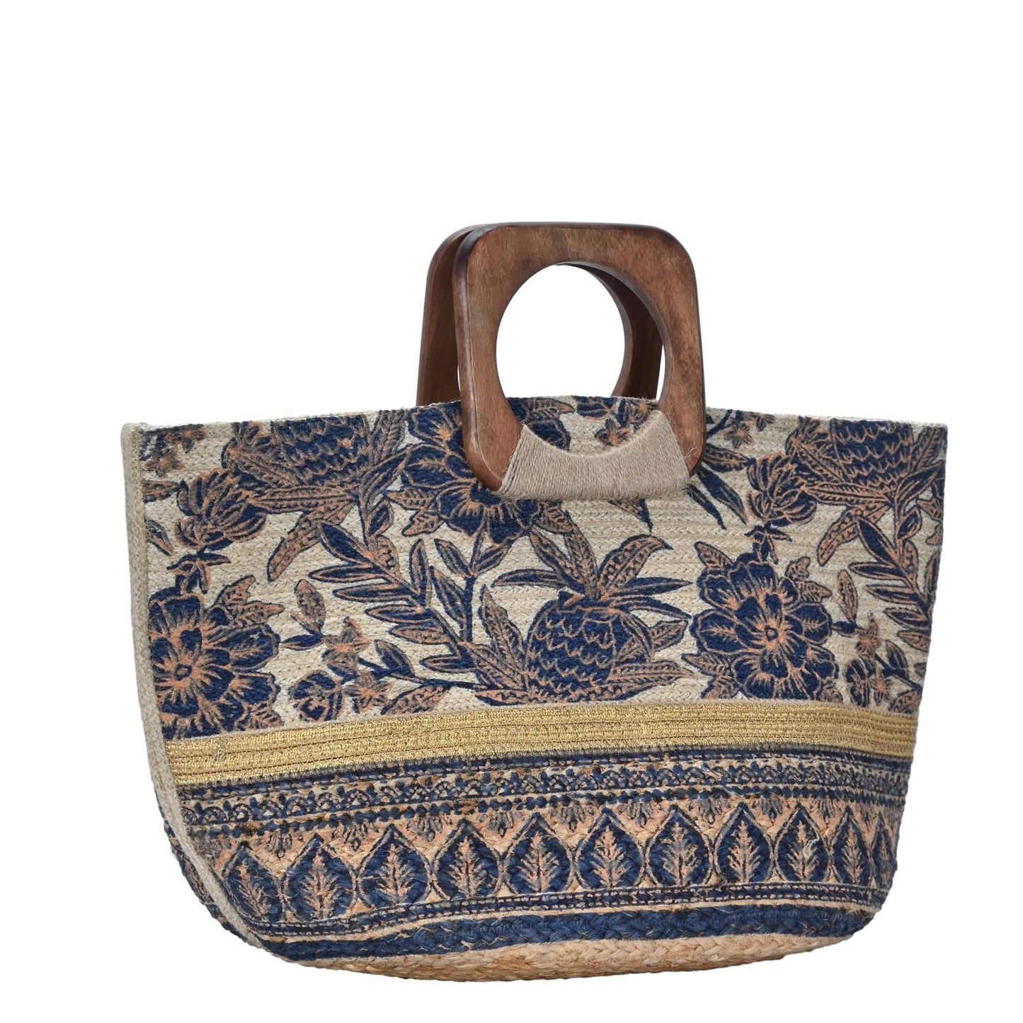 Handmade Tropical Boho Jute Tote With Wooden Handles: Navy