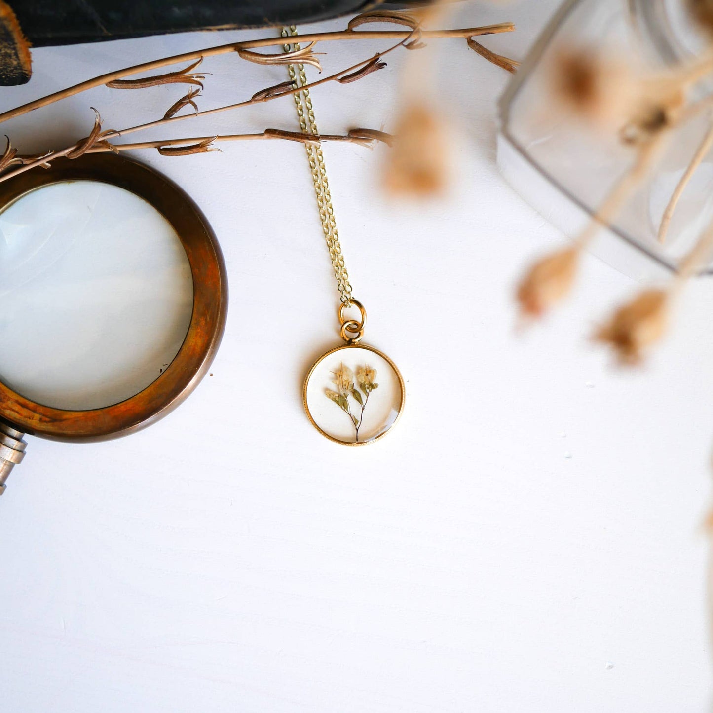Tiny Dried Bouquet Pendant: 26" gold plain chain