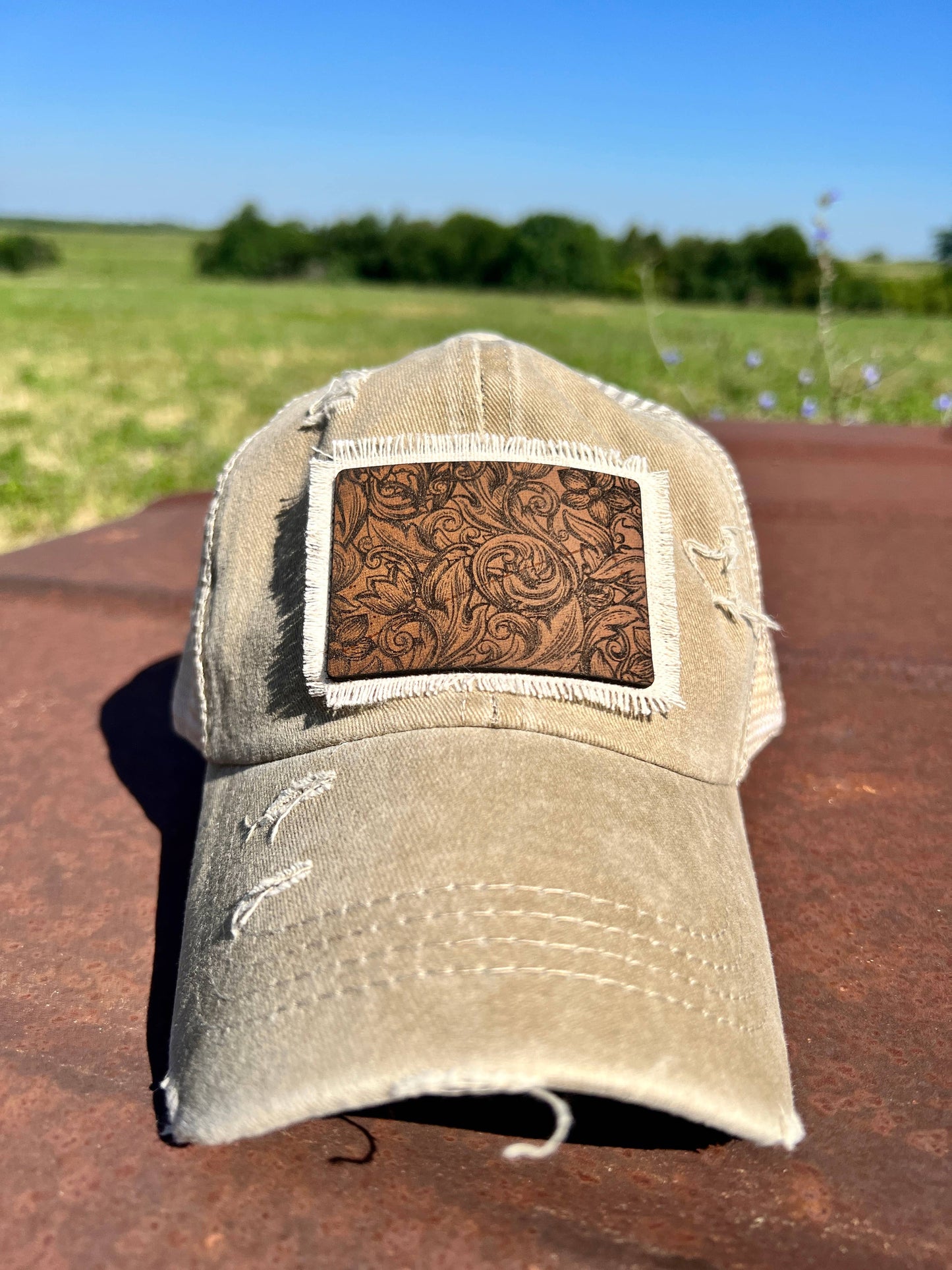 Tooled Leather Khaki Baseball Cap