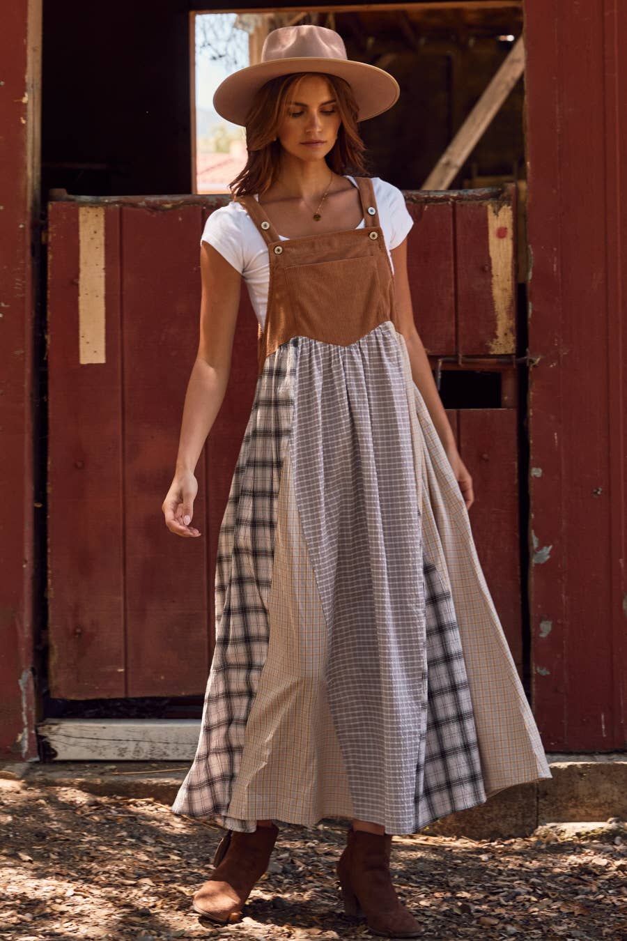 Patchwork Plaid Overall Dress : Taupe