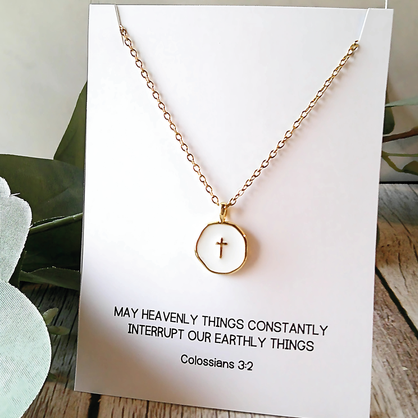 Gold and White Cross Charm Necklace