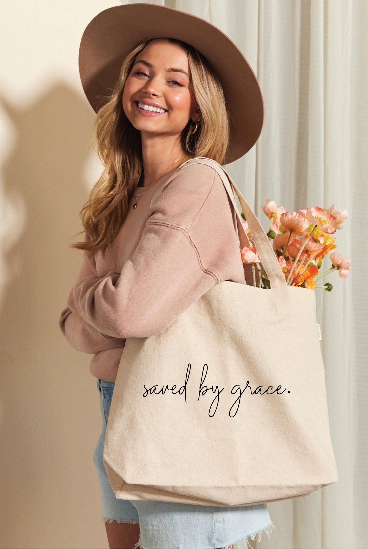 SAVED BY GRACE Canvas Tote Bag: ONE SIZE / NATURAL