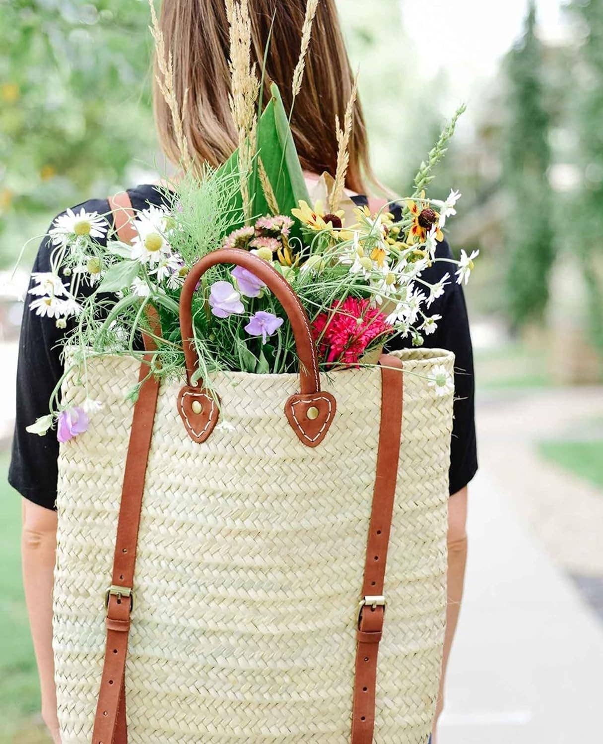 French basket backpack with leather strap