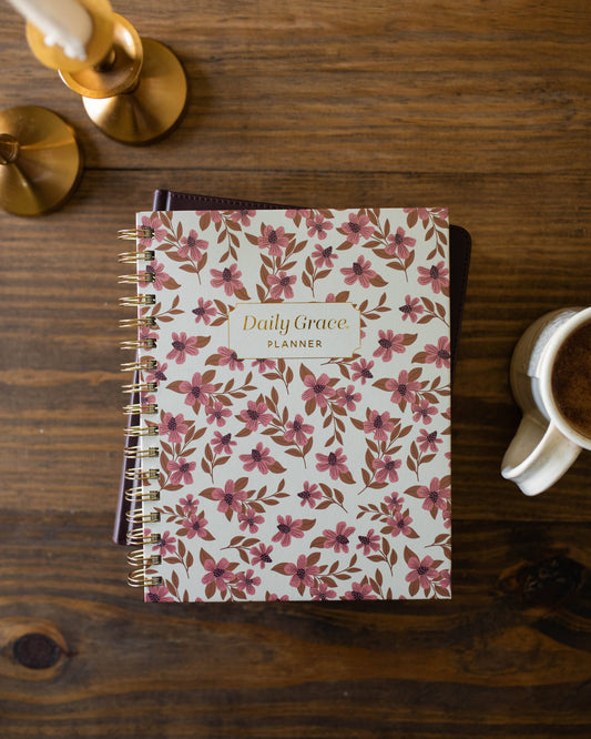 Daily Grace Planner - Burgundy Blooms Spiral (Undated)