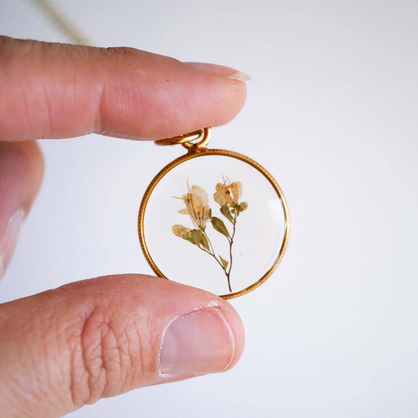 Tiny Dried Bouquet Pendant: 26" gold plain chain
