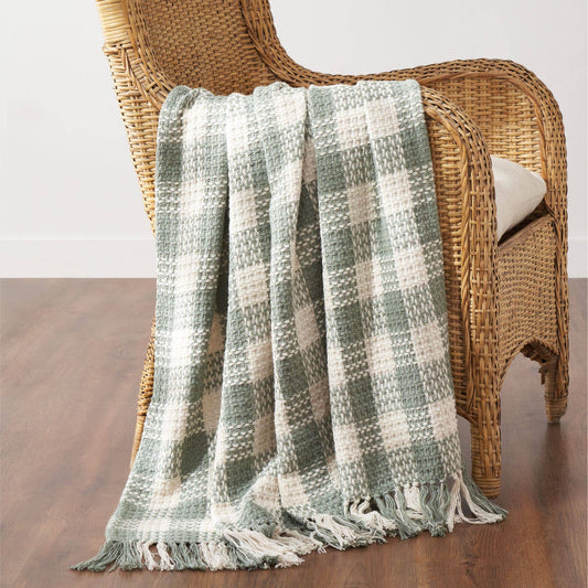 Pistachio Woven Check Throw Blanket with Fringe 50x60