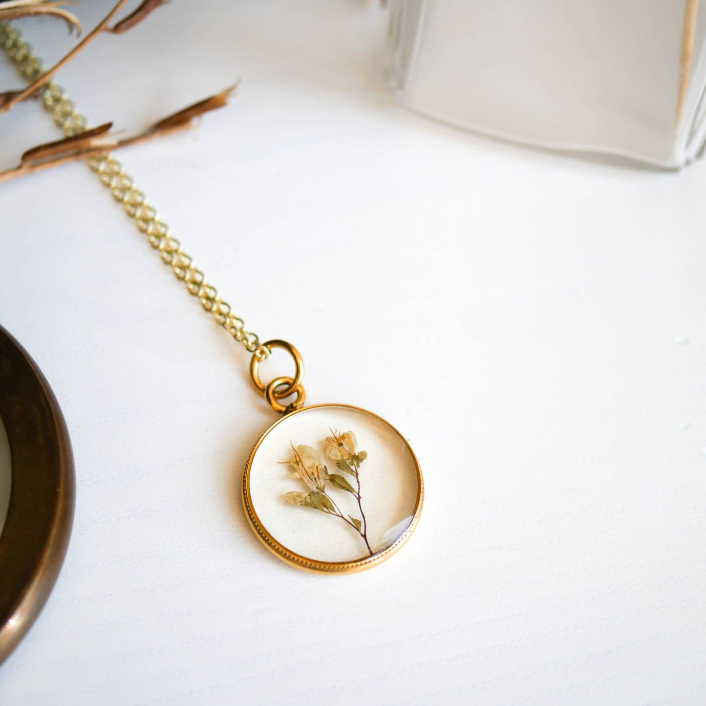 Tiny Dried Bouquet Pendant: 26" gold plain chain
