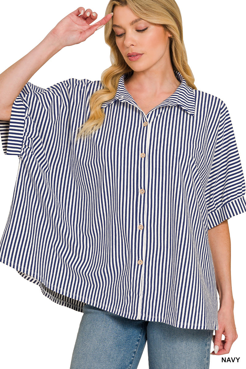 Oversized Button Down Top - Navy