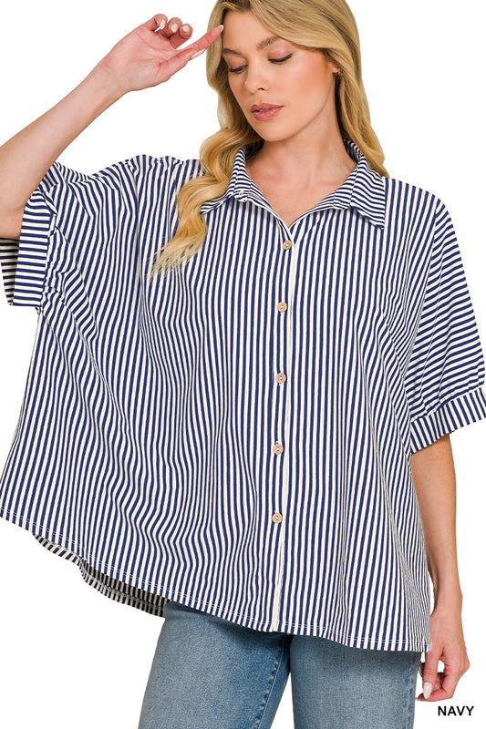 Oversized Button Down Top - Navy