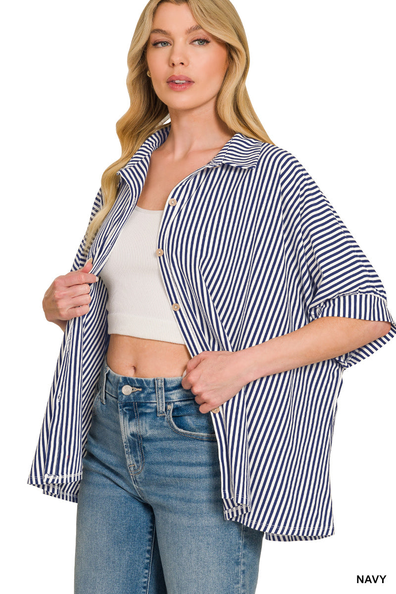 Oversized Button Down Top - Navy