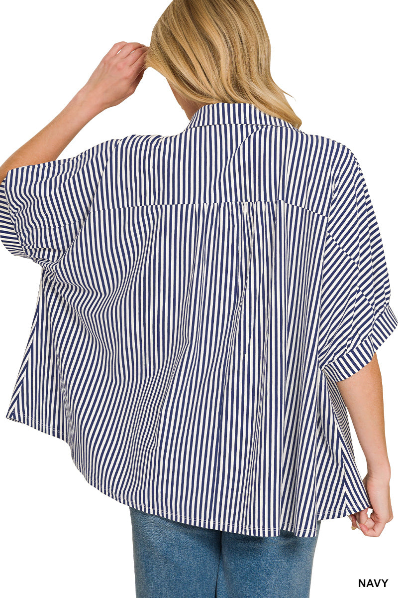 Oversized Button Down Top - Navy