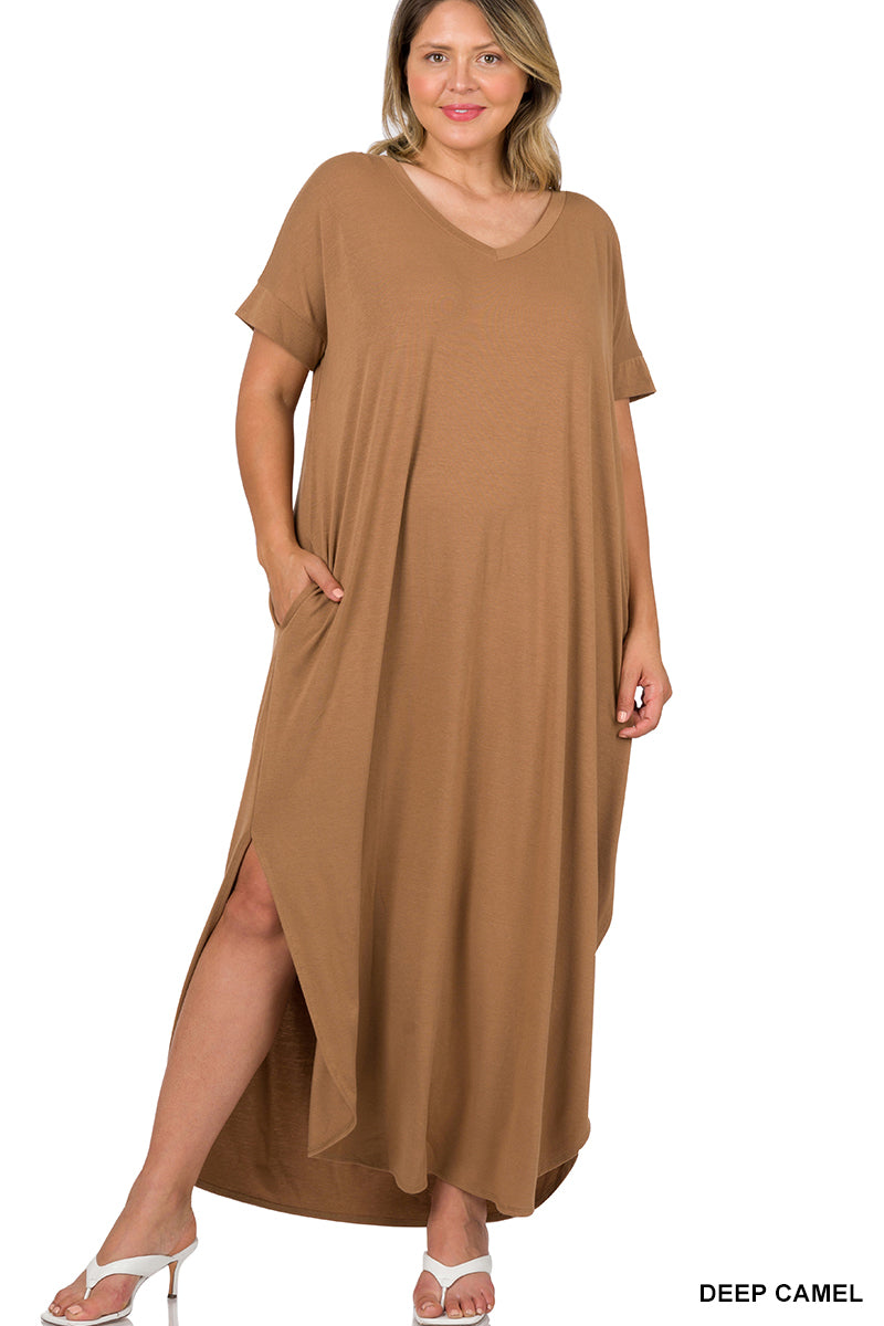 Zenana Short Sleeve V-neck Maxi -Deep Camel