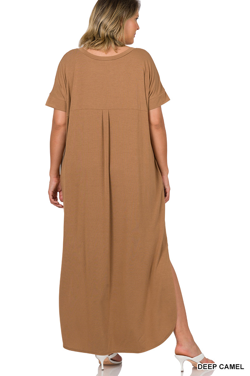 Zenana Short Sleeve V-neck Maxi -Deep Camel