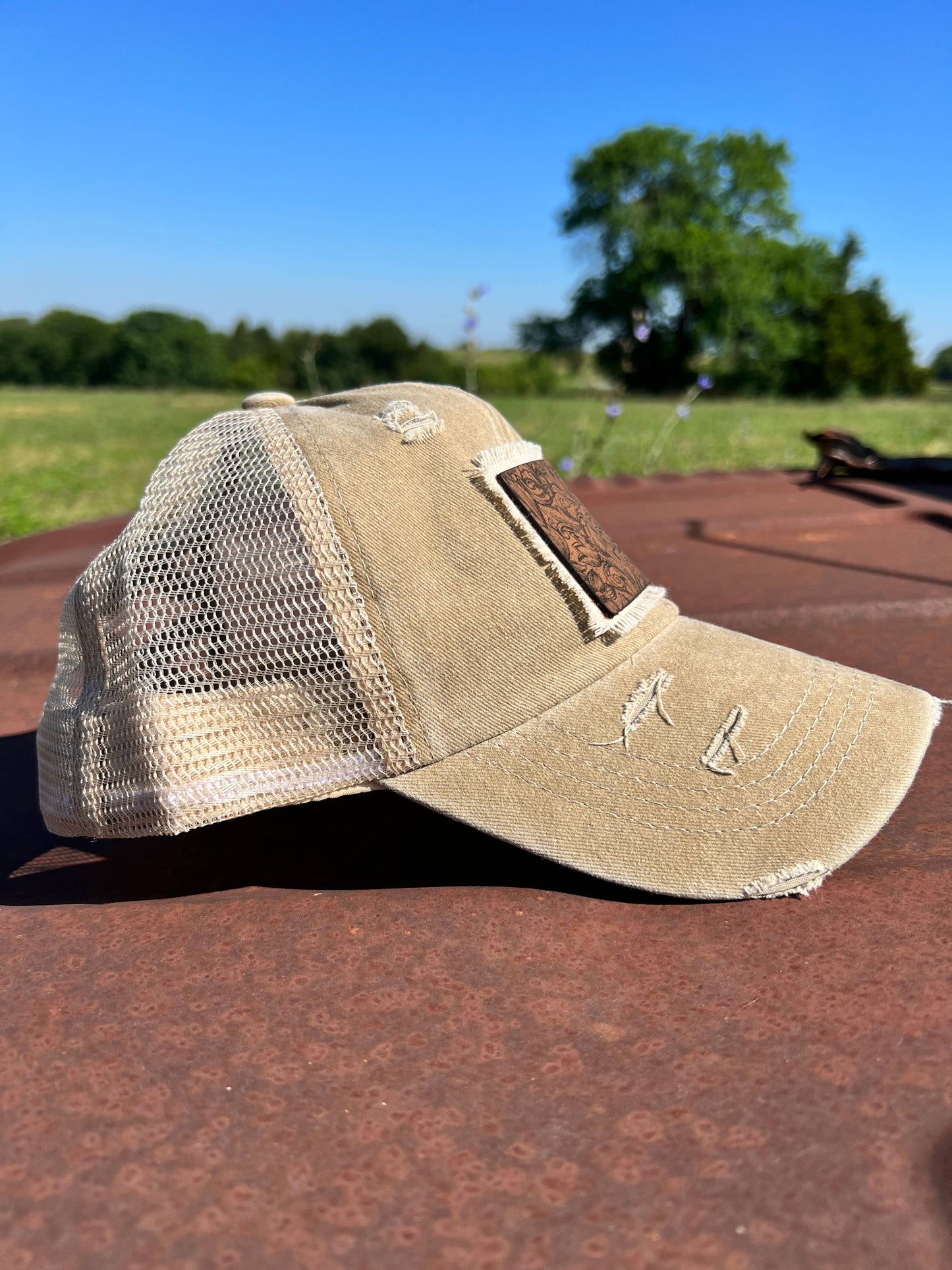 Tooled Leather Khaki Baseball Cap