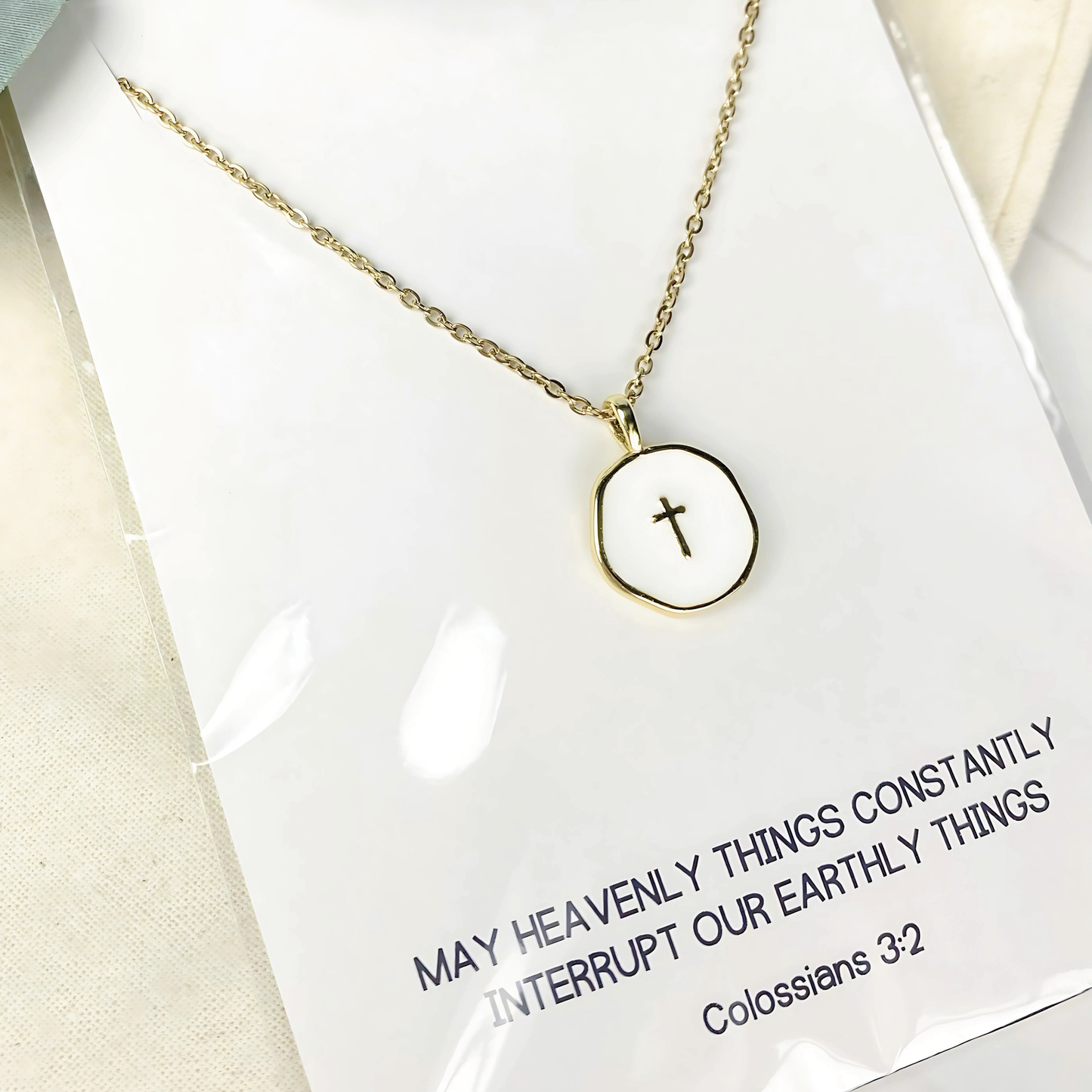 Gold and White Cross Charm Necklace