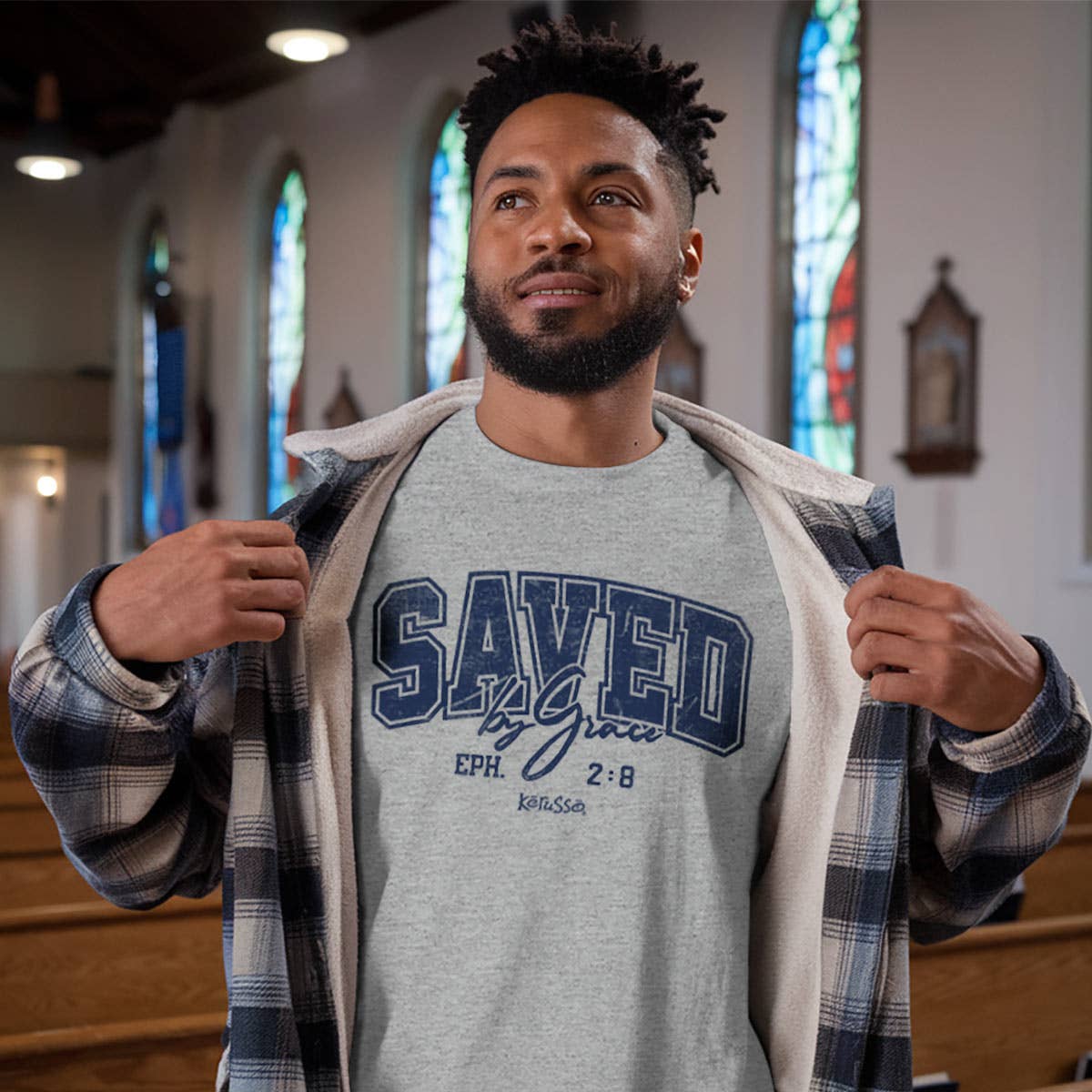 Kerusso Christian T-Shirt Saved By Grace: Ash