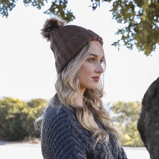 Ribbed Faux Fur Pom Beanie - Brown