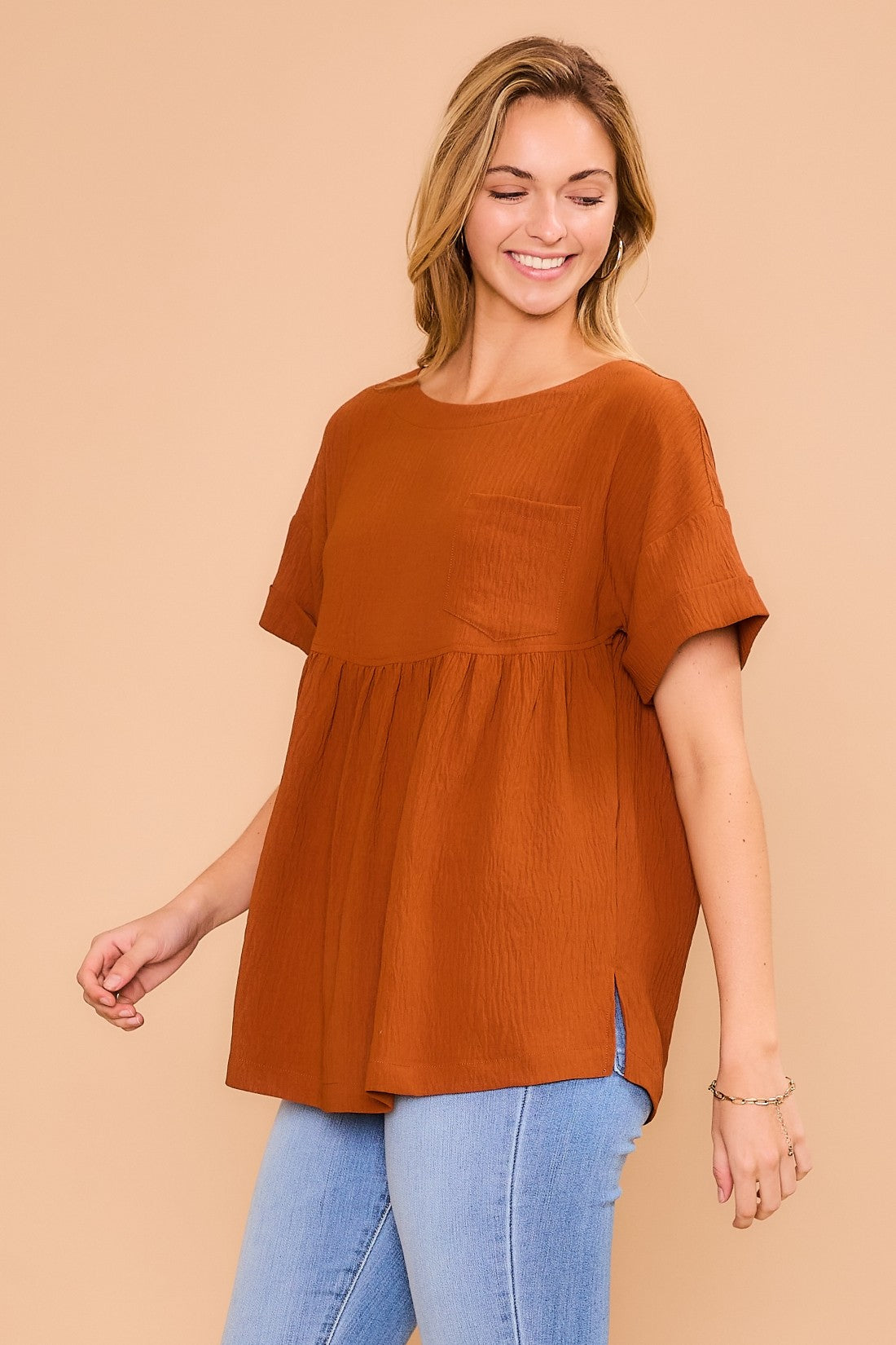 The Sallie Mae Babydoll Top - Rust