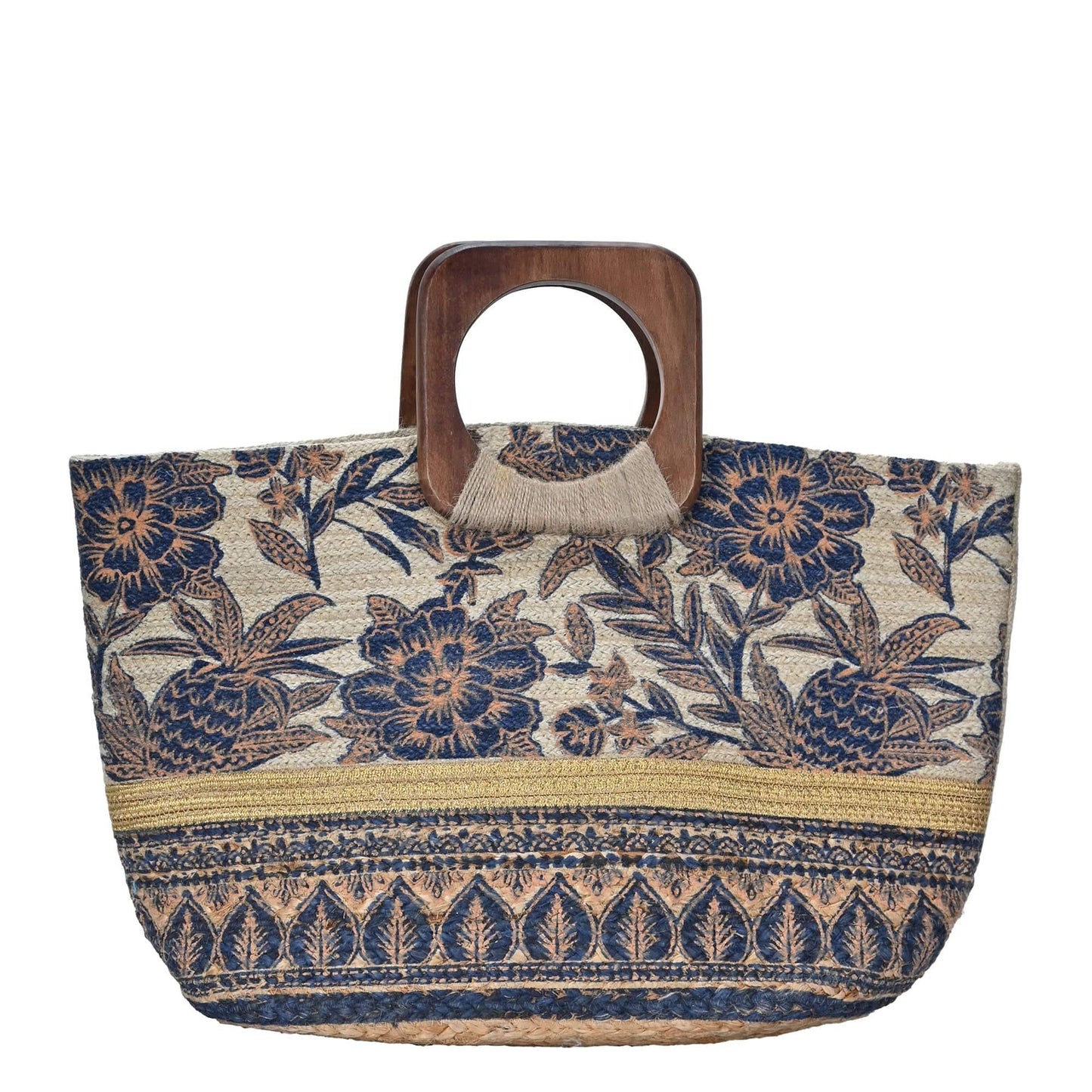 Handmade Tropical Boho Jute Tote With Wooden Handles: Navy