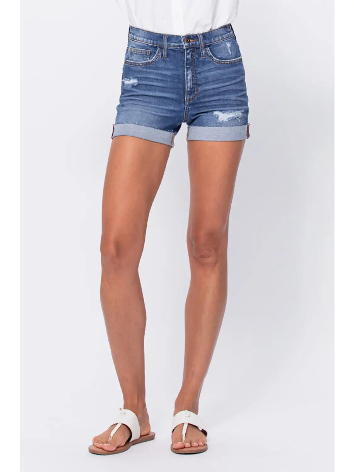 High Rise Denim Shorts With Raw Cuff (Small-Large)