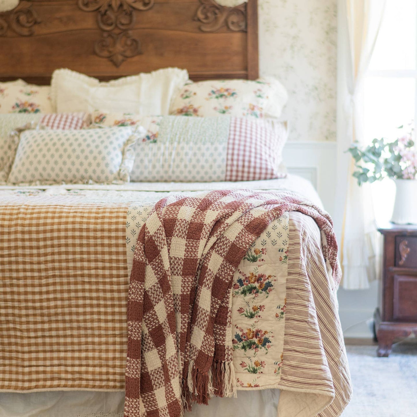 Dusty Rose Woven Check Throw Blanket with Fringe 50x60