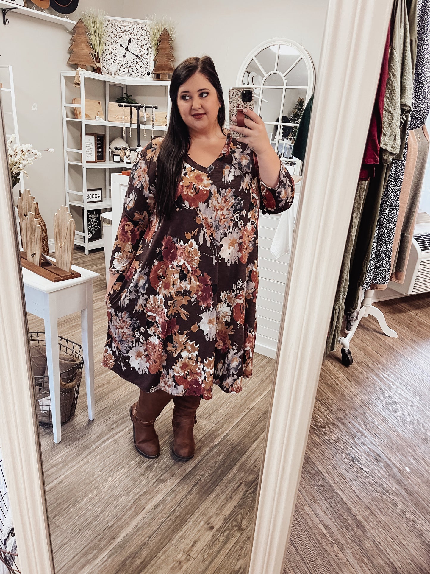 Brown Floral MIDI Dress